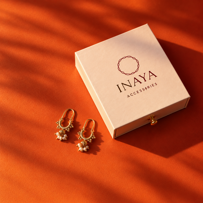 18KT Gold Plated Beaded Pearl Cluster Bali Jhumka Drop Earrings, Karina