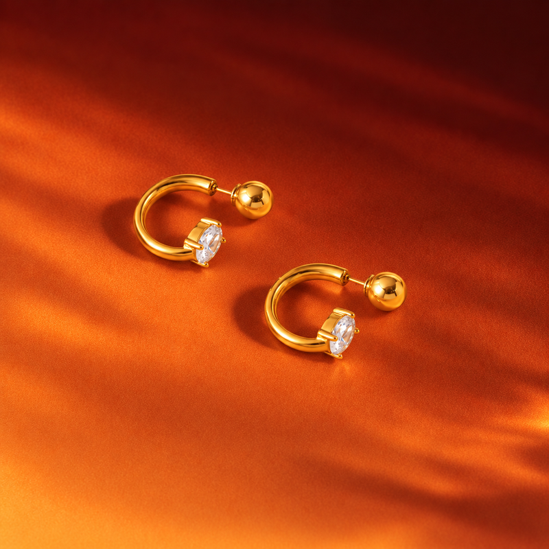 18kt Gold Plated Ball Top Oval Zircon Hoop Earrings, Salena