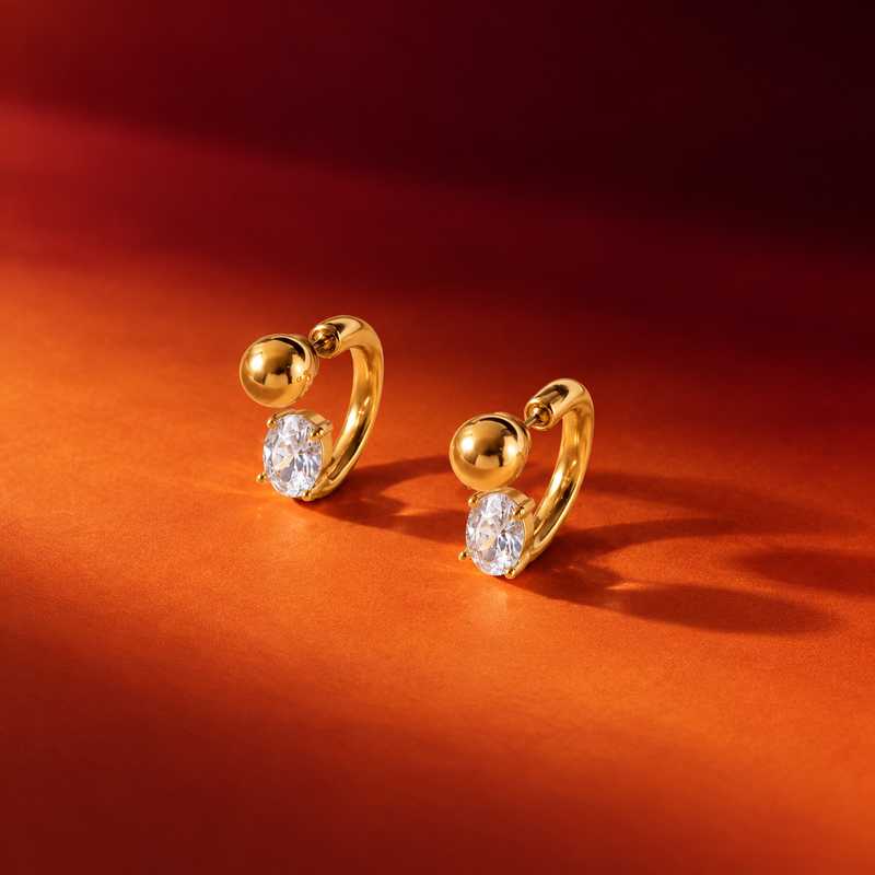 18kt Gold Plated Ball Top Oval Zircon Hoop Earrings, Salena