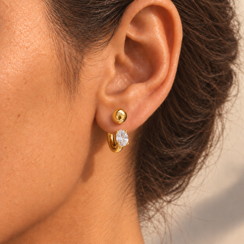 18kt Gold Plated Ball Top Oval Zircon Hoop Earrings, Salena