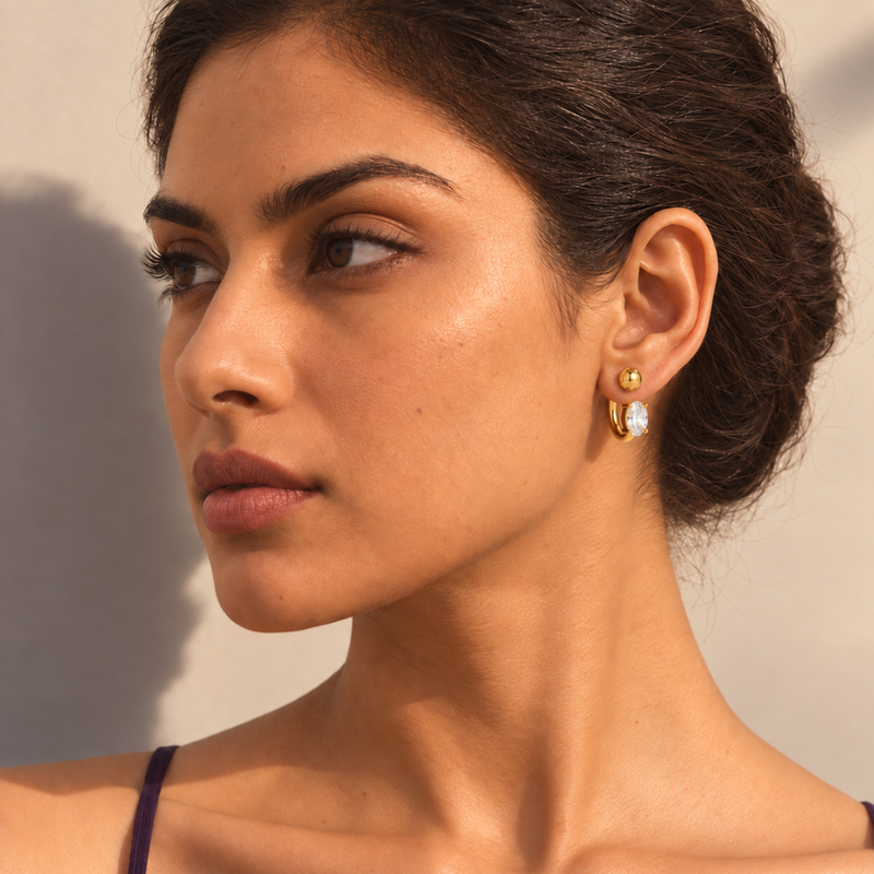 18kt Gold Plated Ball Top Oval Zircon Hoop Earrings, Salena