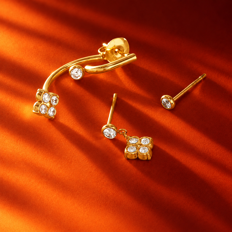 18kt Gold Plated Floral Drop, Stud and Ear Jacket Set of 3 (single side), Geena