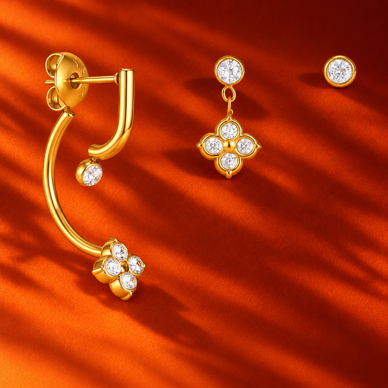18kt Gold Plated Floral Drop, Stud and Ear Jacket Set of 3 (single side), Geena