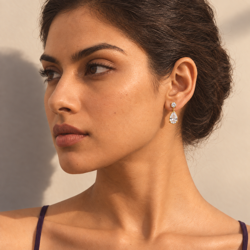 18kt Gold Plated Sparkling Teardrop Dangle Earrings, Aaria