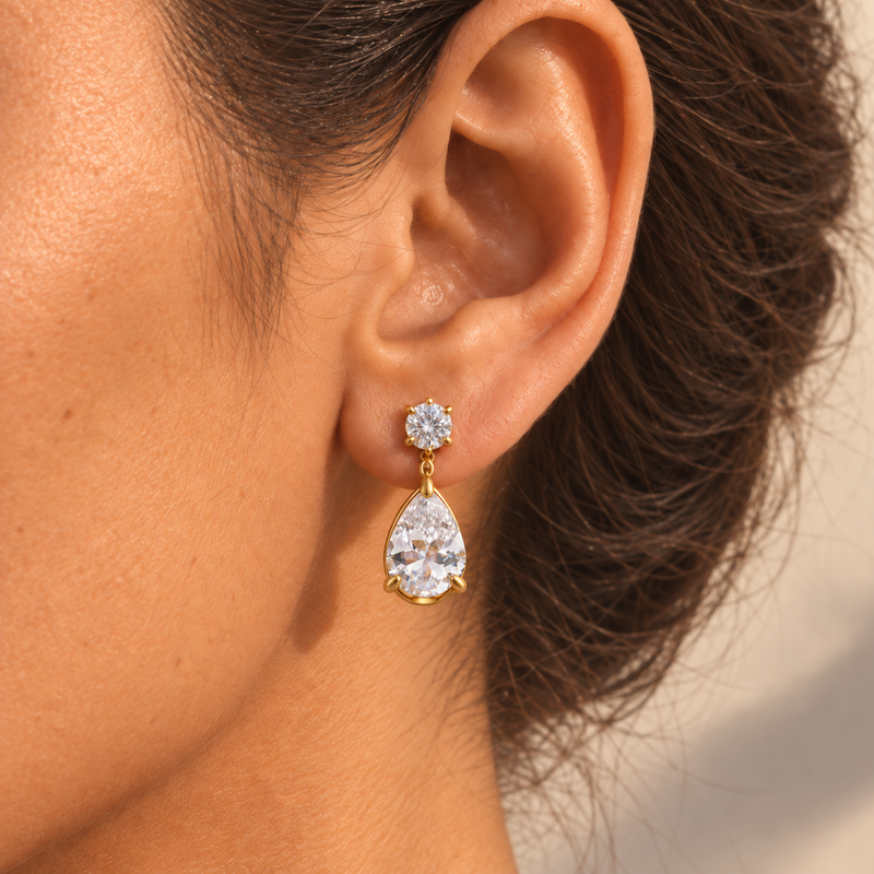 18kt Gold Plated Sparkling Teardrop Dangle Earrings, Aaria