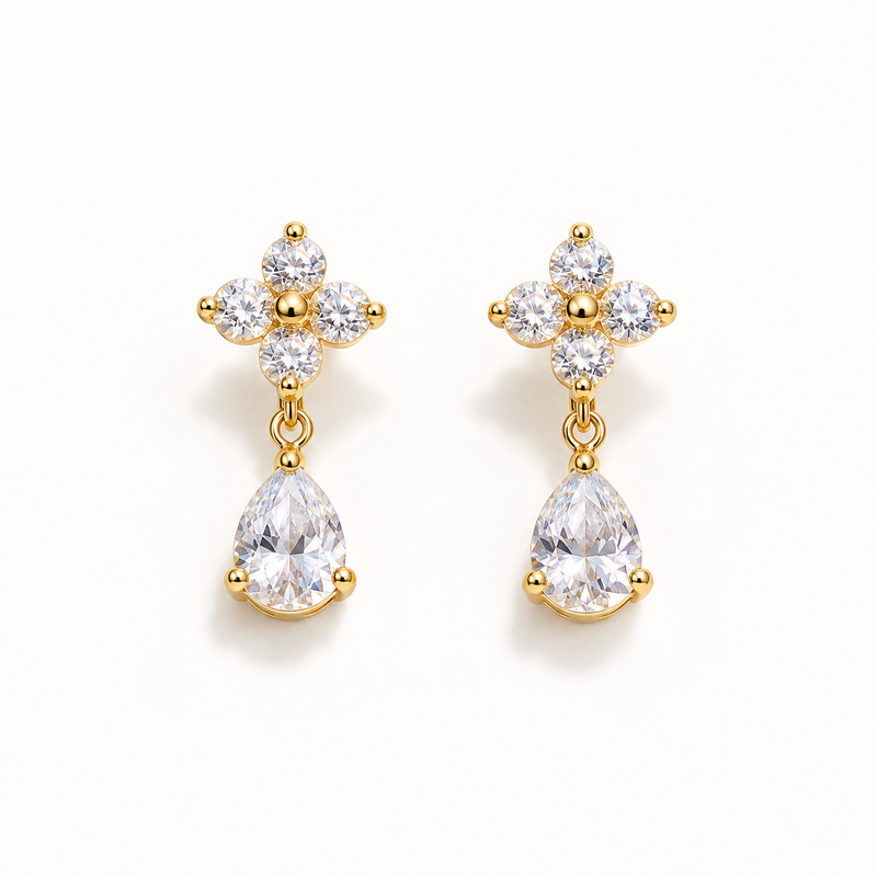 18kt Gold Plated Flower Raindrop Earrings, Dewy