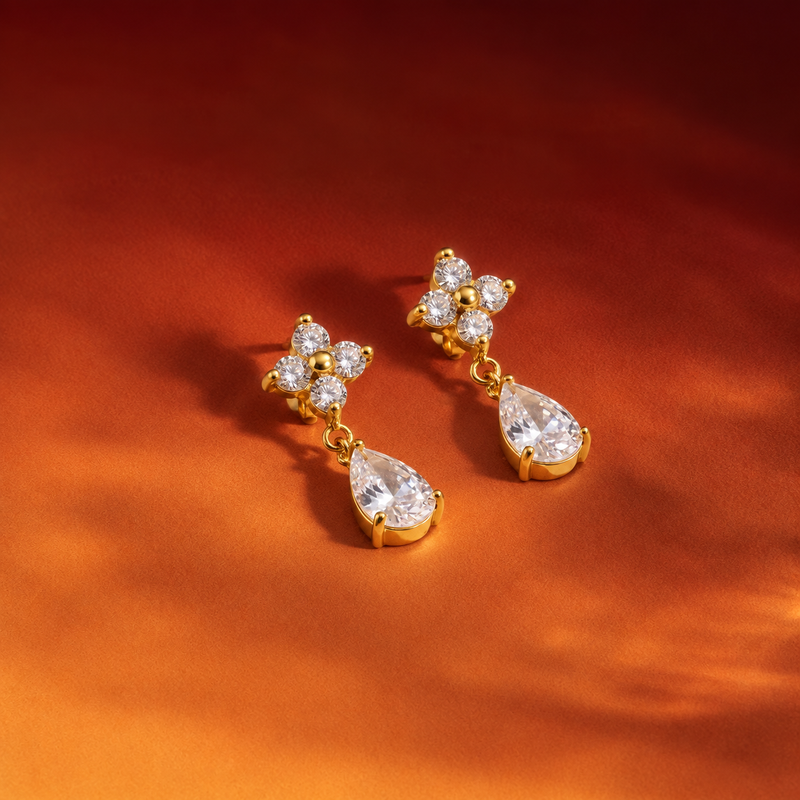 18kt Gold Plated Flower Raindrop Earrings, Dewy