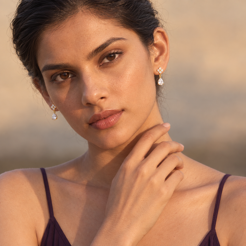 18kt Gold Plated Flower Raindrop Earrings, Dewy