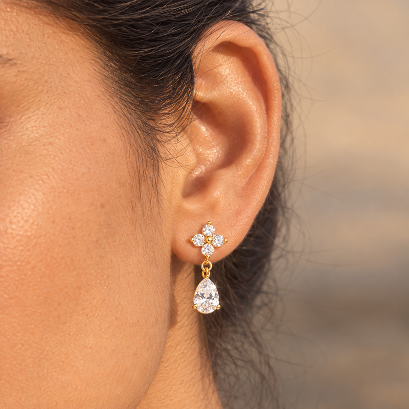 18kt Gold Plated Flower Raindrop Earrings, Dewy