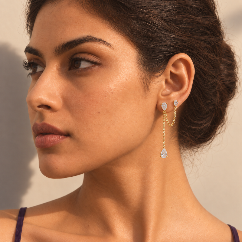 18kt Gold Plated Dual Teardrop Double Piercing Earrings, Cove (One Side Only)