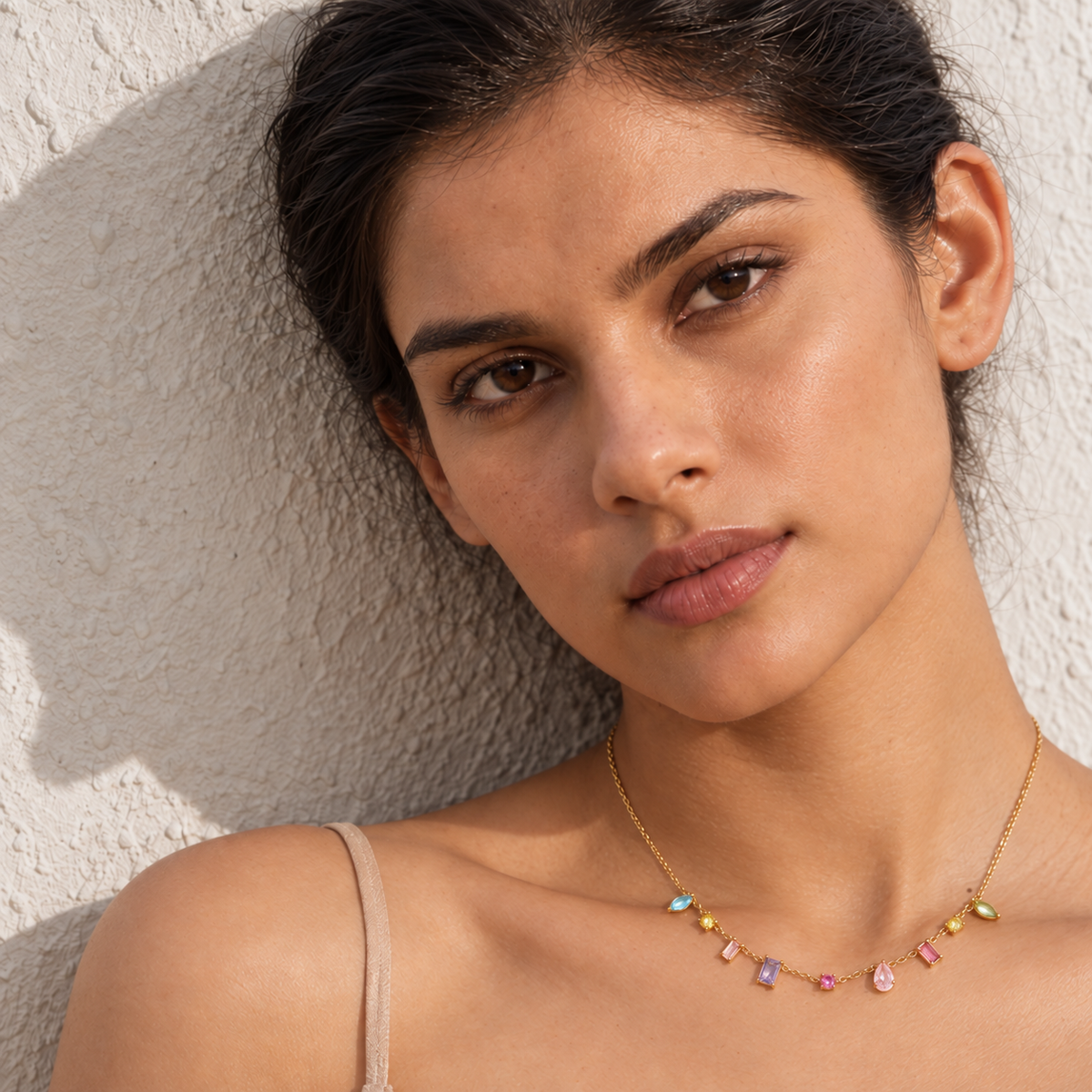 18kt gold plated multishape colorful stone necklace, blanca
