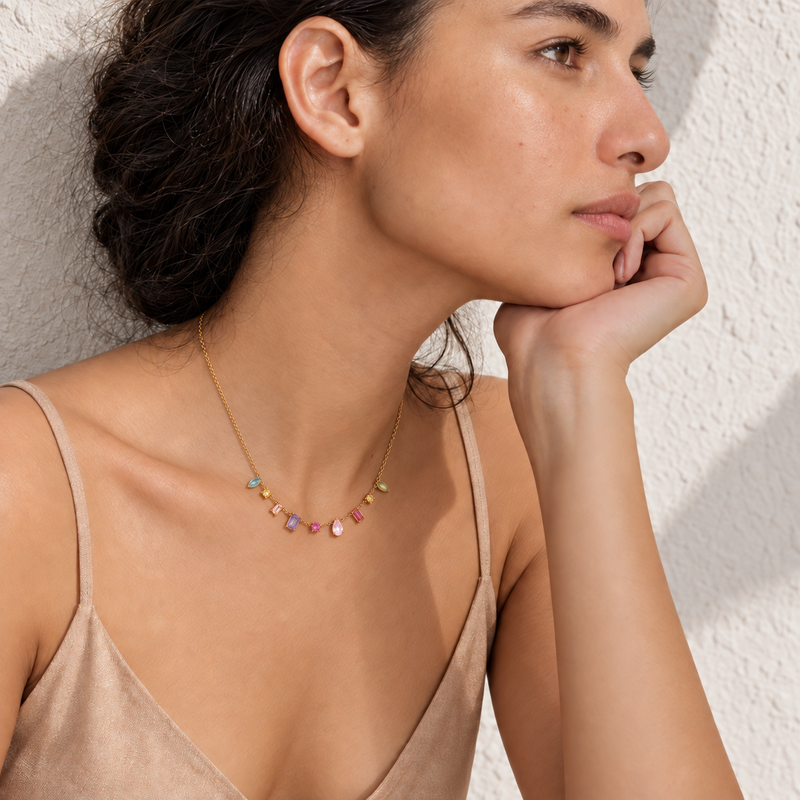 18kt Gold Plated Multishape Colorful Stone Necklace, Blanca