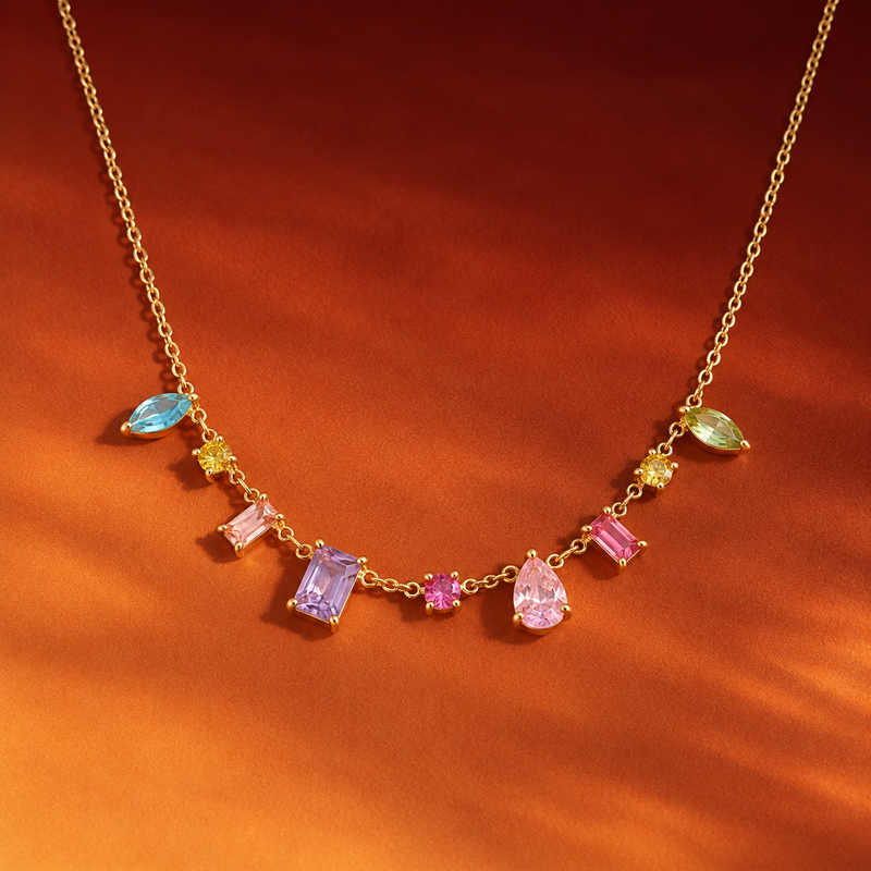 18kt Gold Plated Multishape Colorful Stone Necklace, Blanca