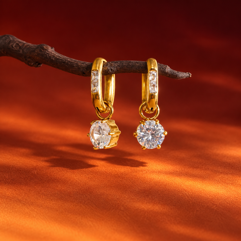 18kt Gold Plated Solitaire Huggie Drop Earrings, Oorja