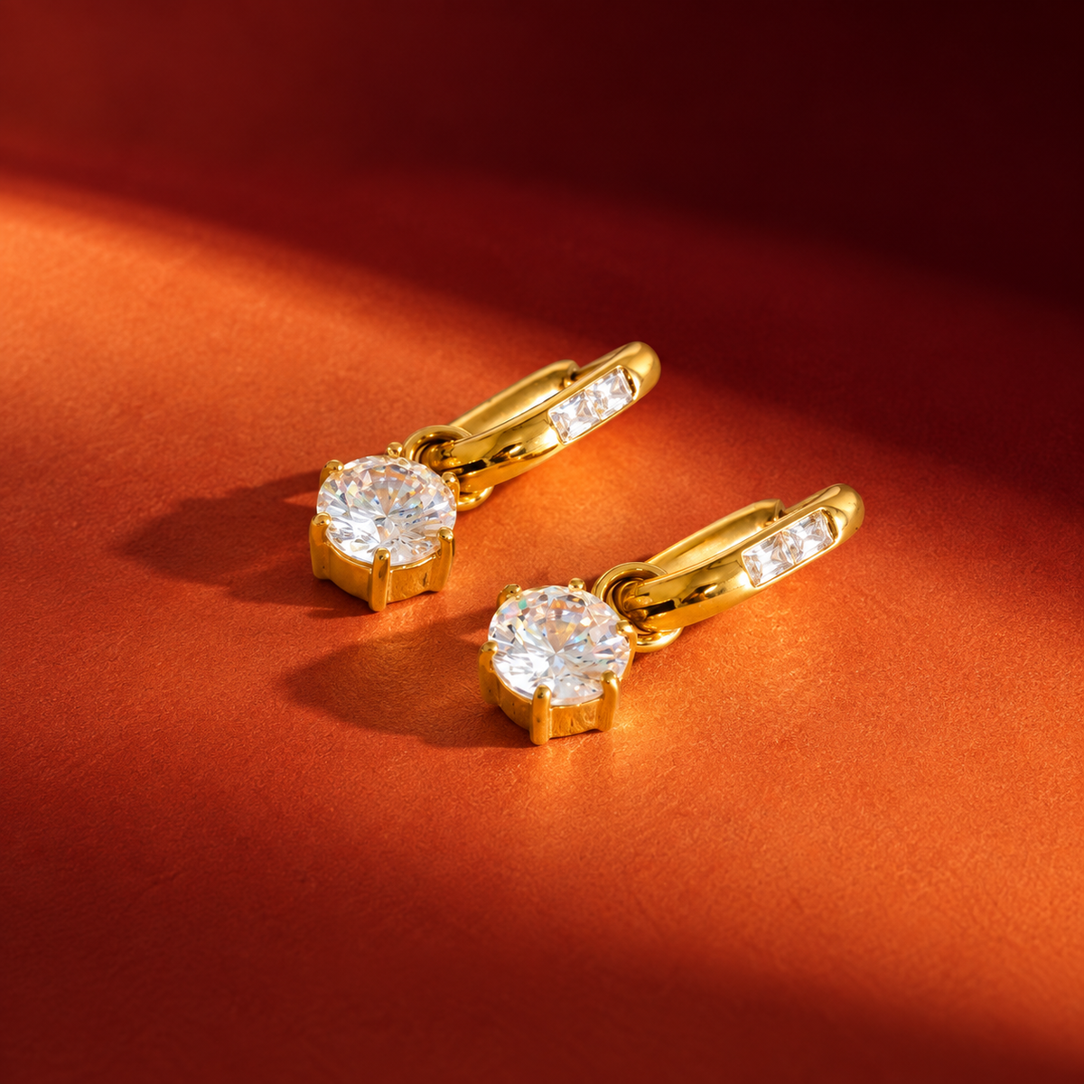 18kt gold plated solitaire huggie drop earrings, oorja