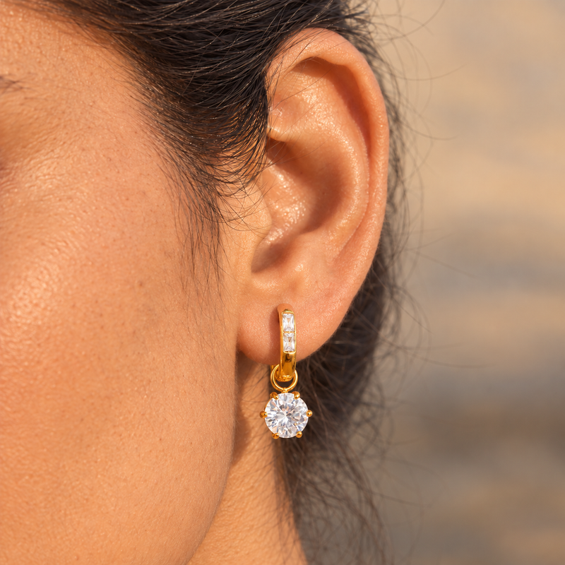 18kt Gold Plated Solitaire Huggie Drop Earrings, Oorja