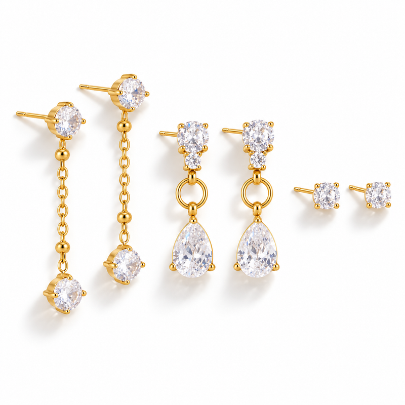 18kt Gold Plated Round and Pear Cut Zircon Set of Earrings, Savi