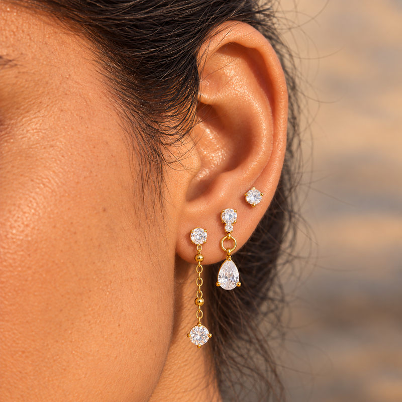 18kt Gold Plated Round and Pear Cut Zircon Set of Earrings, Savi