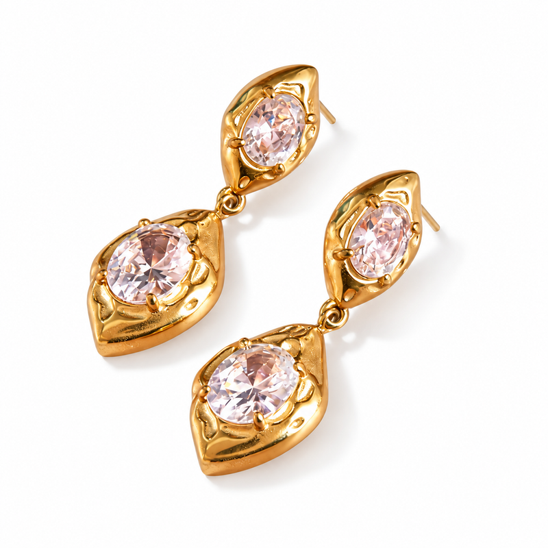 18kt Gold Plated Hammered Oval Crystal Drop Earrings, Dora