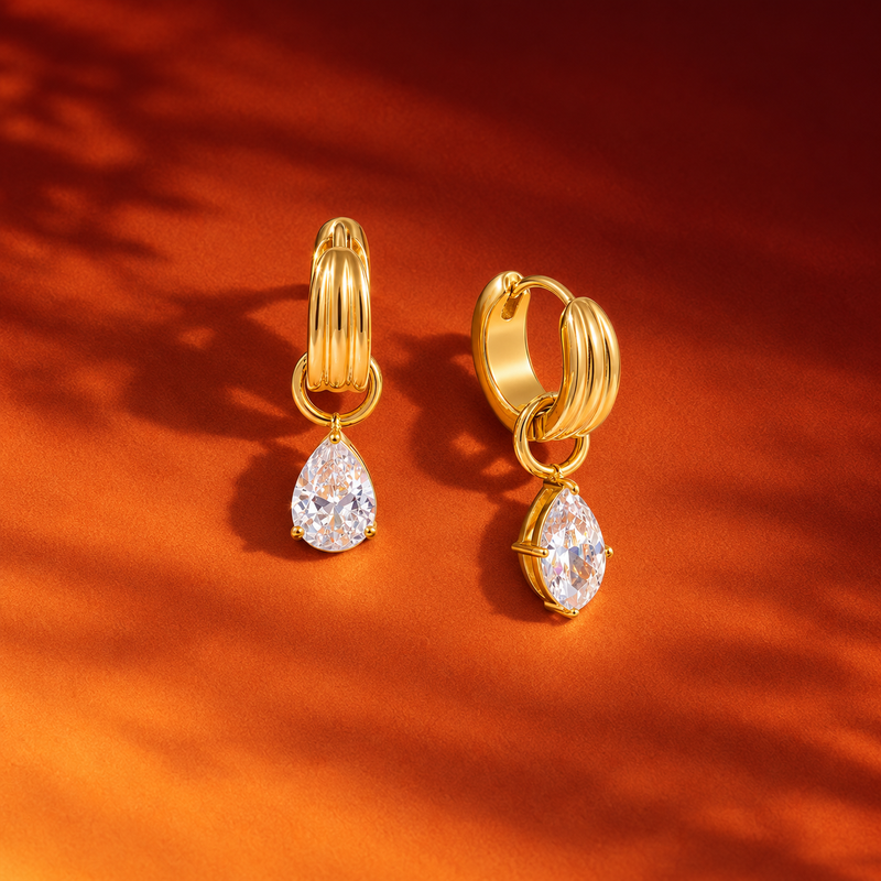 18kt Gold Plated Textured Hoop Mismatch Teardrop and Pear-cut Earrings, Qissa