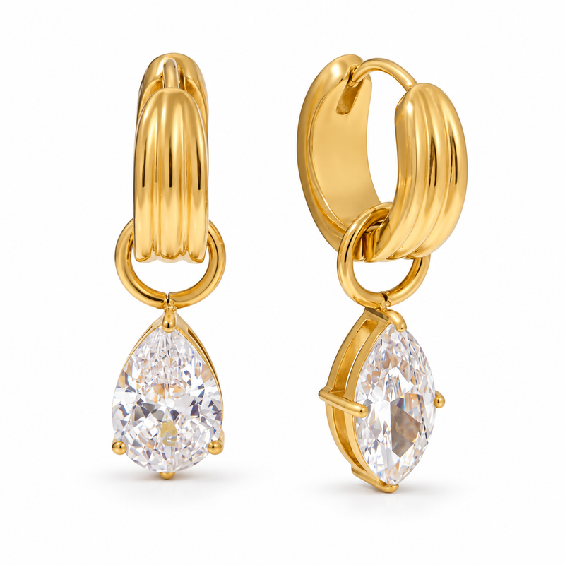 18kt Gold Plated Textured Hoop Mismatch Teardrop and Pear-cut Earrings, Qissa