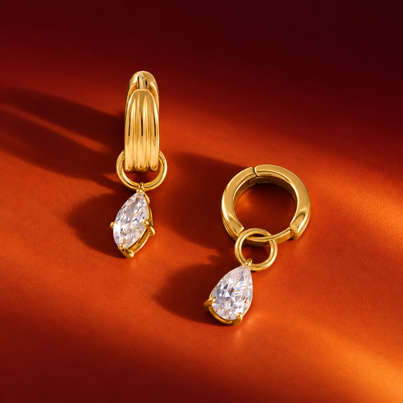 18kt Gold Plated Textured Hoop Mismatch Teardrop and Pear-cut Earrings, Qissa