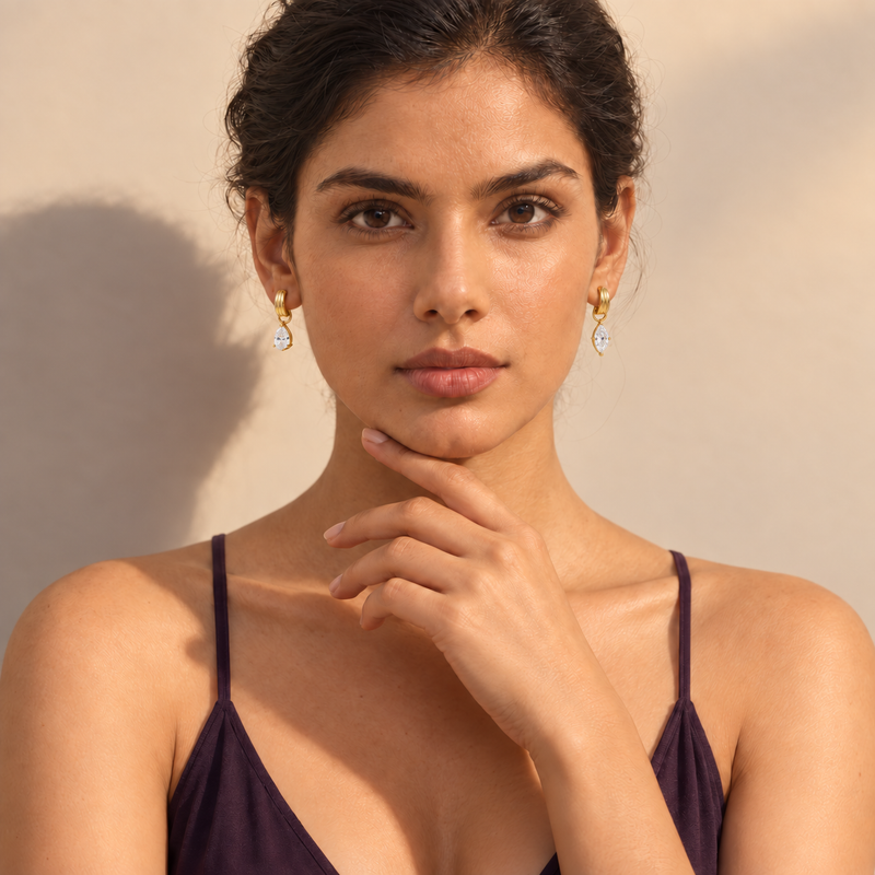 18kt Gold Plated Textured Hoop Mismatch Teardrop and Pear-cut Earrings, Qissa