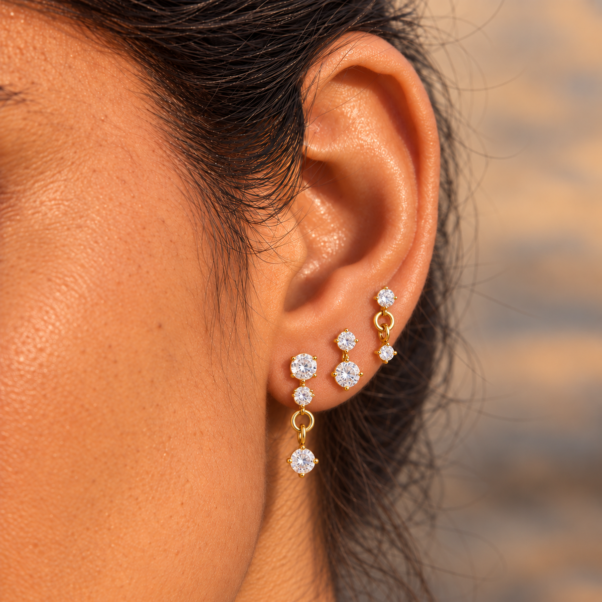 18kt gold plated statement linear dangling set of three earrings, lucia