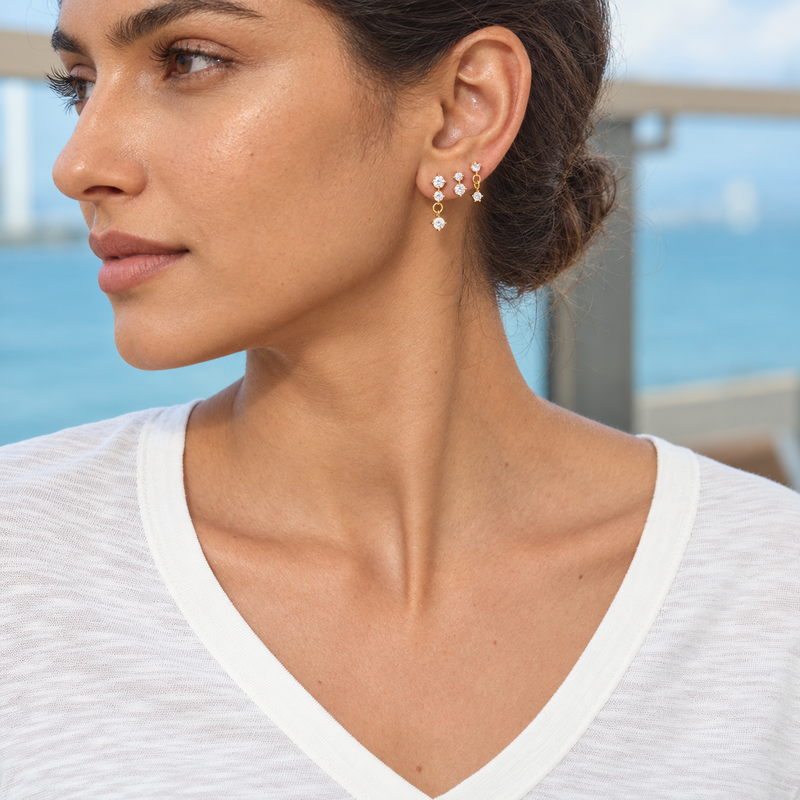 18kt Gold Plated Statement Linear Dangling Set of Three Earrings, Lucia