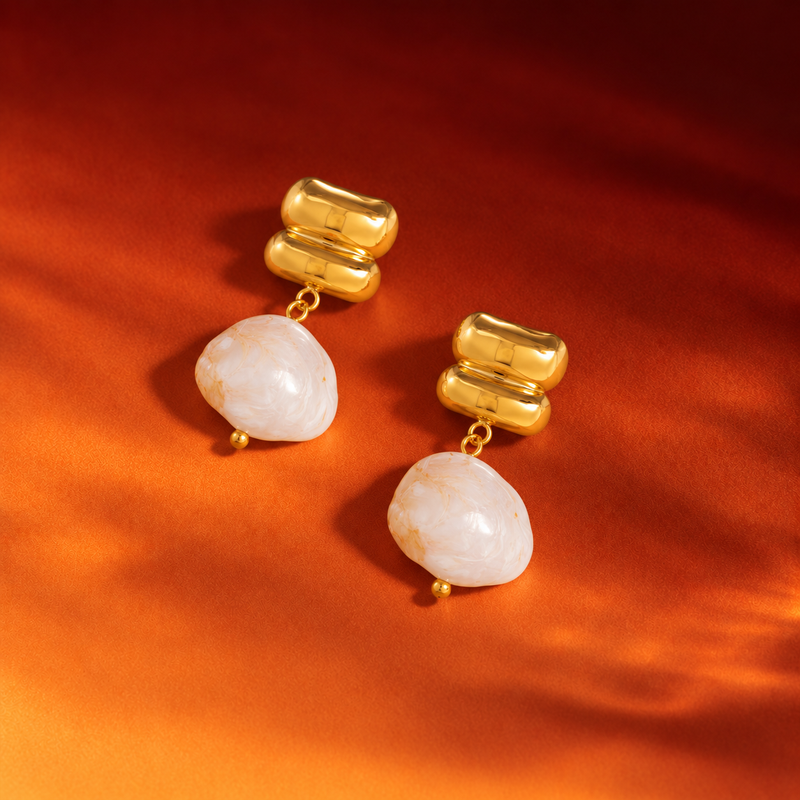 18kt Gold Plated Baroque Stone Drop Earrings, Oyster