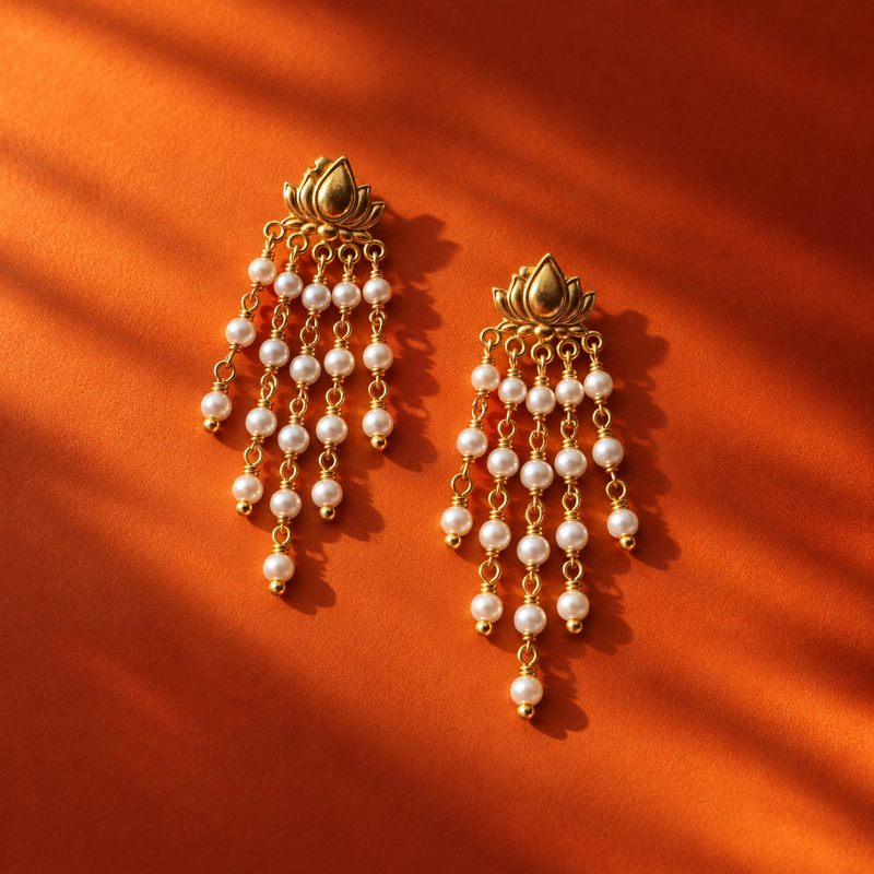 18KT Gold Plated Sculpted Lotus & Pearl Tassel Drop Earrings, Naaz