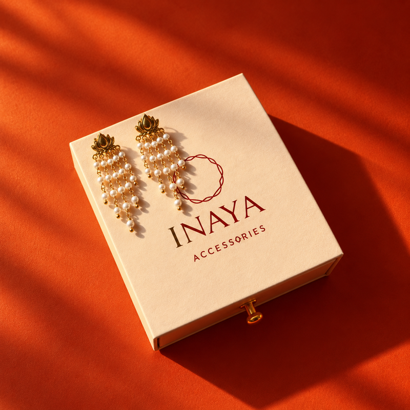 18KT Gold Plated Sculpted Lotus & Pearl Tassel Drop Earrings, Naaz