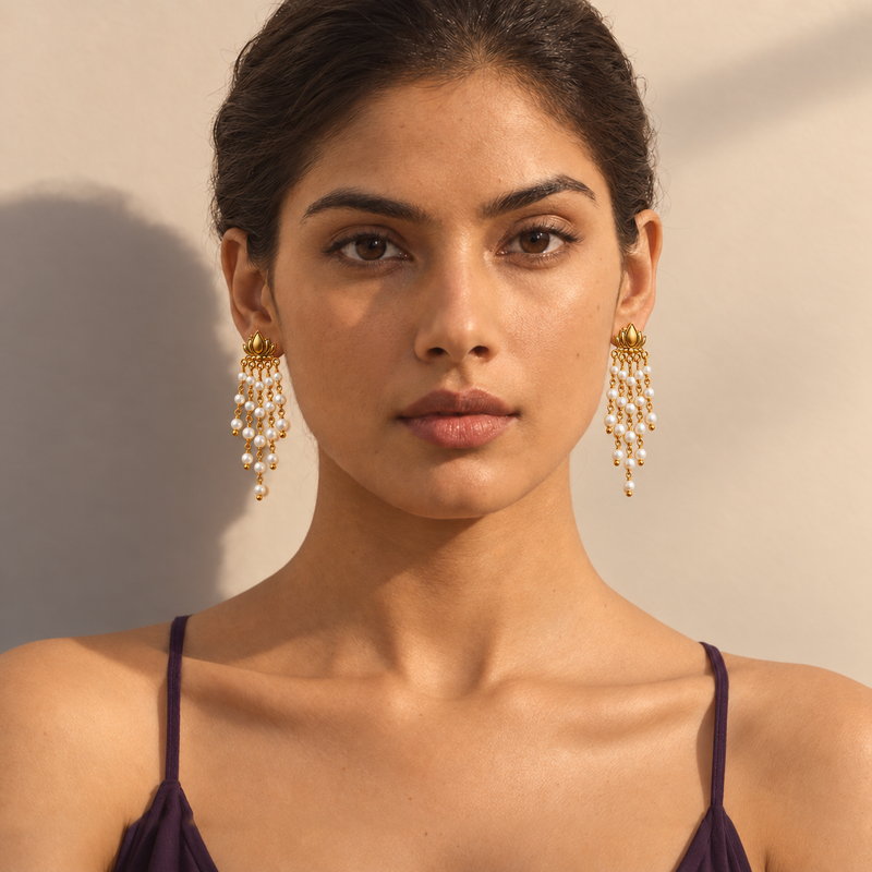 18KT Gold Plated Sculpted Lotus & Pearl Tassel Drop Earrings, Naaz