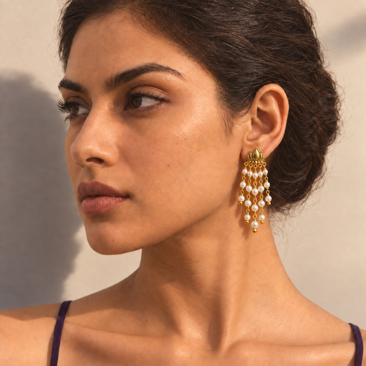 18kt gold plated sculpted lotus & pearl tassel drop earrings, naaz