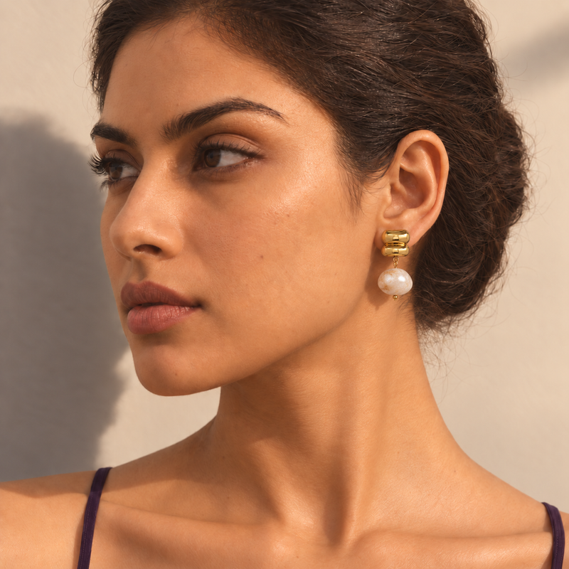 18kt Gold Plated Baroque Stone Drop Earrings, Oyster