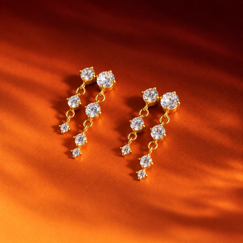 18kt Gold Plated Cascading Zircon Earrings, Palash