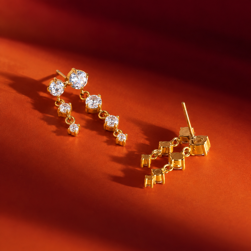 18kt Gold Plated Cascading Zircon Earrings, Palash