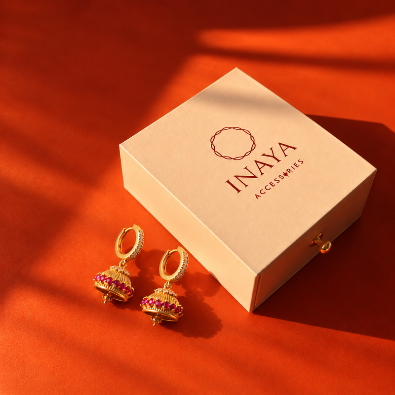 18KT Gold Plated Ruby Zircon Mini Jhumka Hoop Earrings, Nuvi