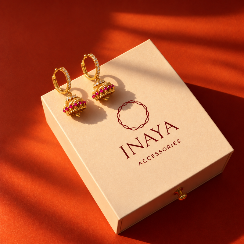 18KT Gold Plated Ruby Zircon Mini Jhumka Hoop Earrings, Nuvi