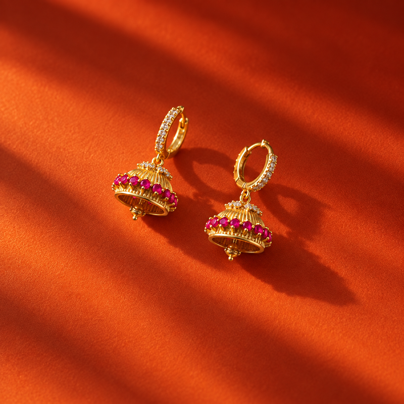 18KT Gold Plated Ruby Zircon Mini Jhumka Hoop Earrings, Nuvi