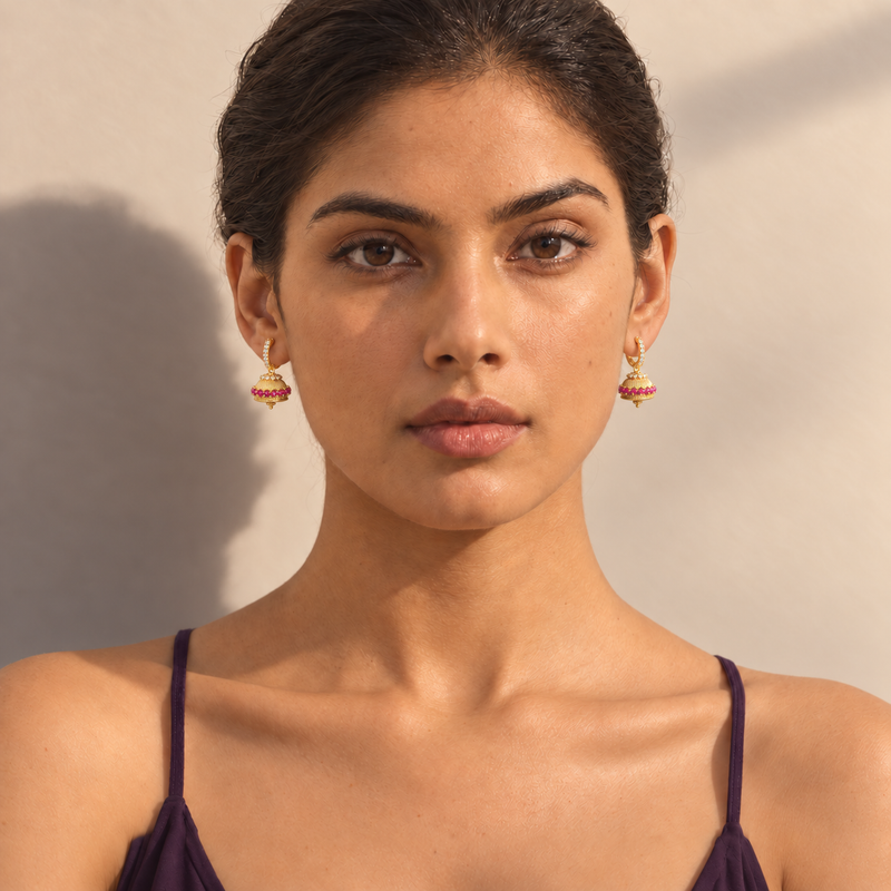 18KT Gold Plated Ruby Zircon Mini Jhumka Hoop Earrings, Nuvi