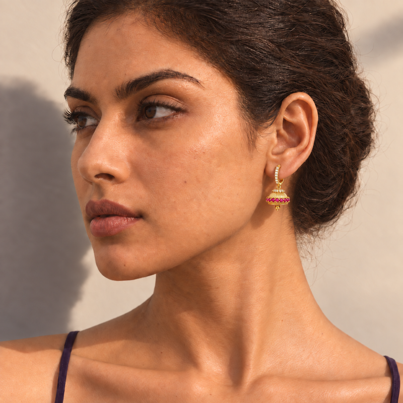 18KT Gold Plated Ruby Zircon Mini Jhumka Hoop Earrings, Nuvi