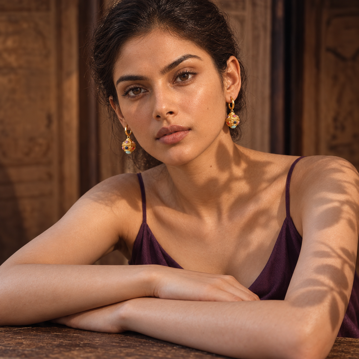 18kt gold plated embellished stone hoop earrings, izna