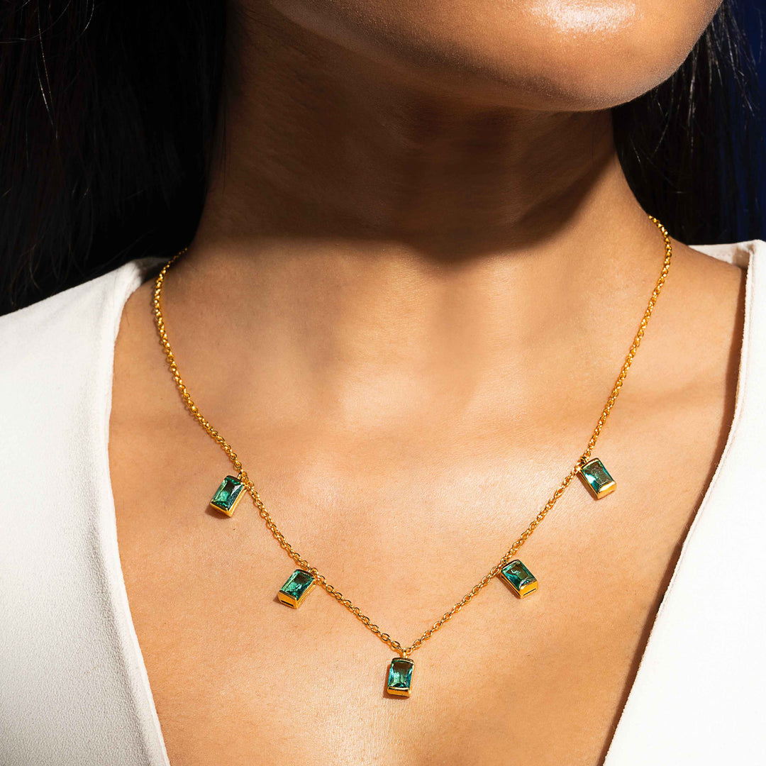 18KT Gold Plated Sterling Silver Emerald Rhinestone Choker Necklace, Estella