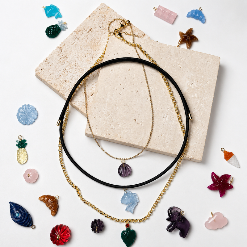 18KT Gold Plated Personalised Carved in Stone Charm Necklace, The Maya Collection
