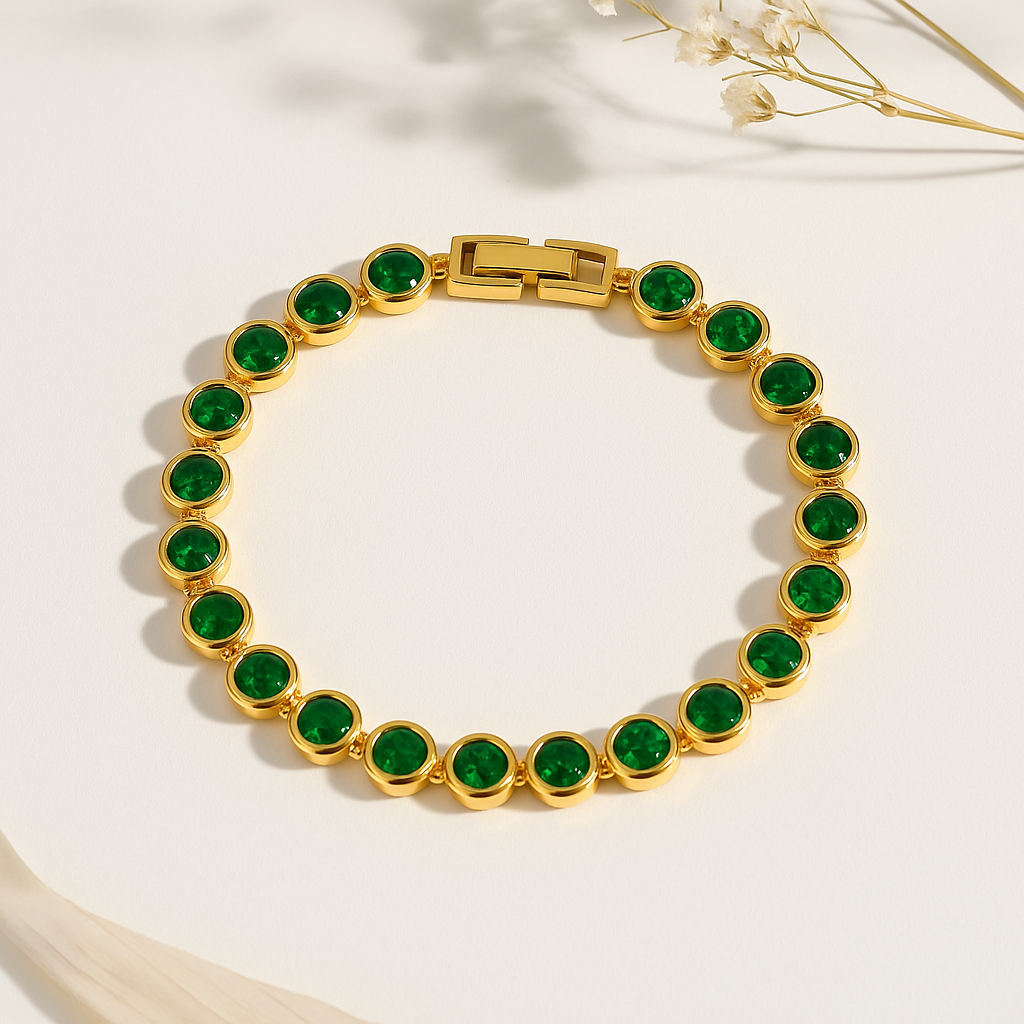 Inaya Modern Festive 18KT Gold Plated Modern Green Emerald Round Zircon Tennis Bracelet, Gaya