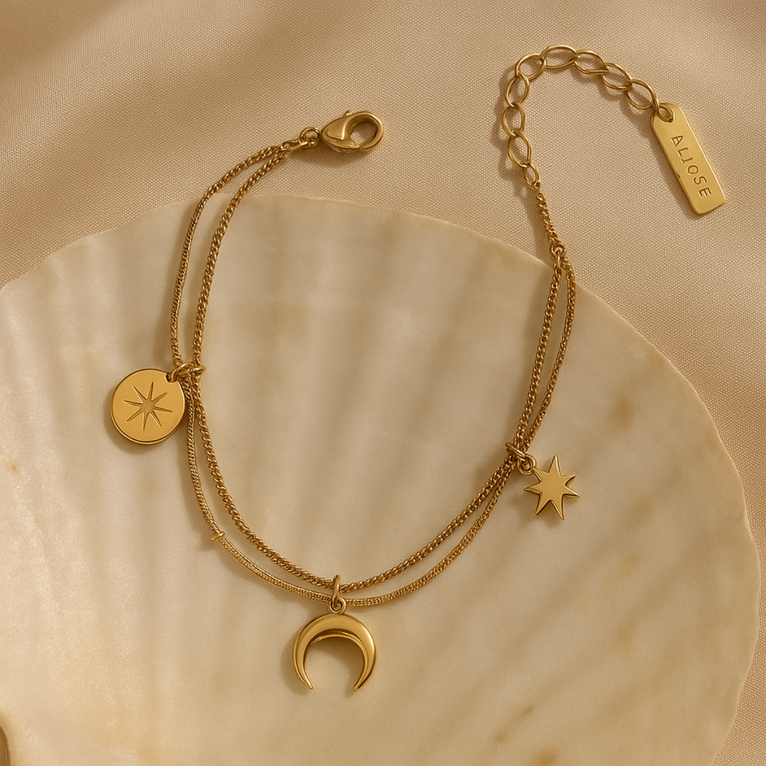 18 Kt Gold Plated Moon Star Charm bracelet, Francessca