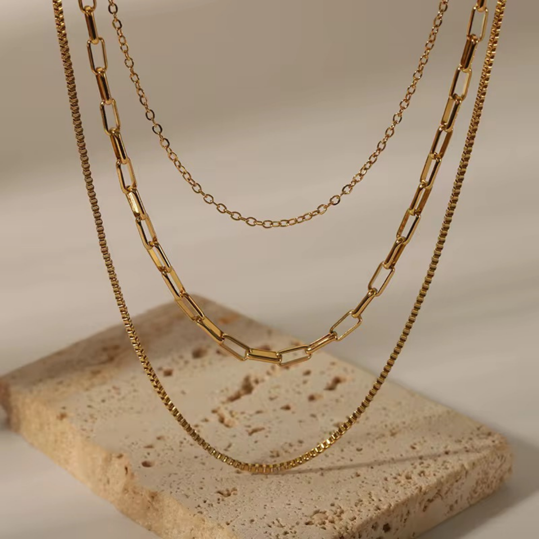 18kt Gold Plated Triple Layered Snake Paperclip Necklace, Hailey