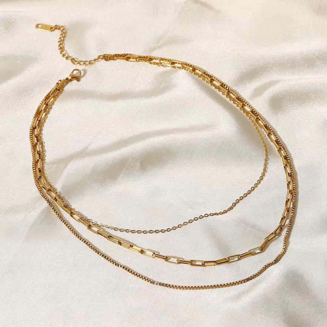 18kt Gold Plated Triple Layered Snake Paperclip Necklace, Hailey