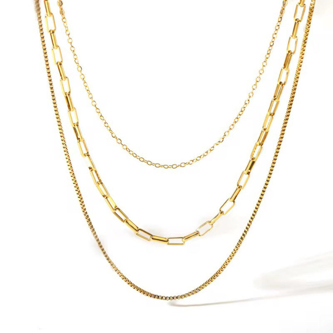 18kt Gold Plated Triple Layered Snake Paperclip Necklace, Hailey